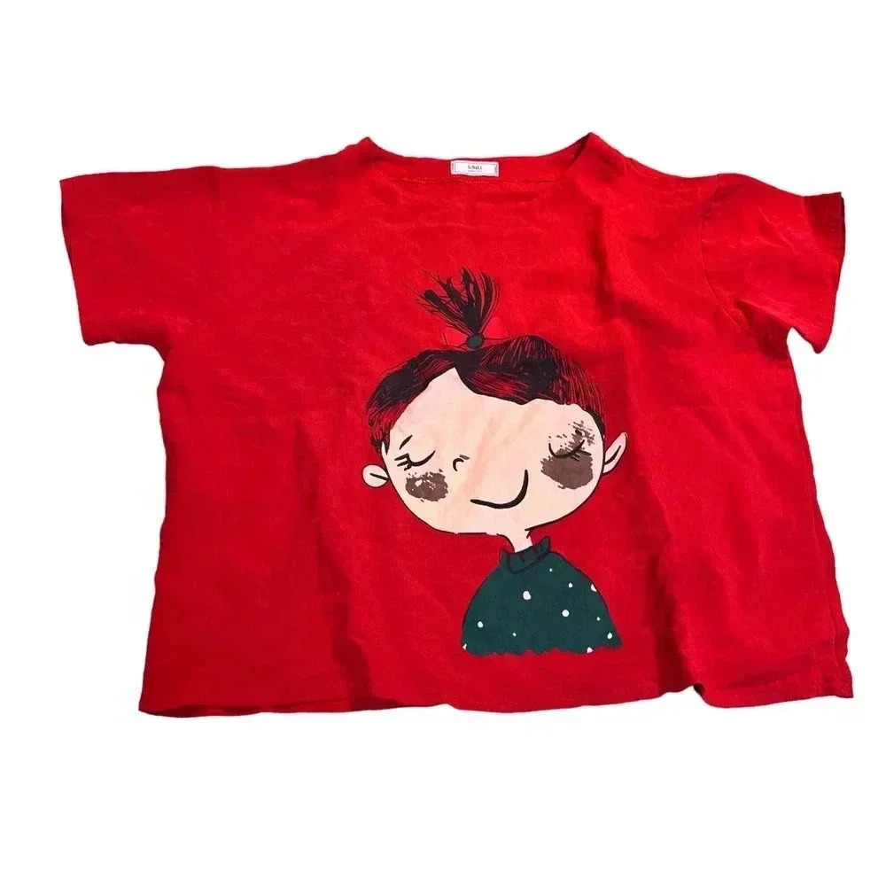 Sinali Womens‎ Red Drawn Girl Oversized Boxy Top Sz S/M Artsy Wacky Twee